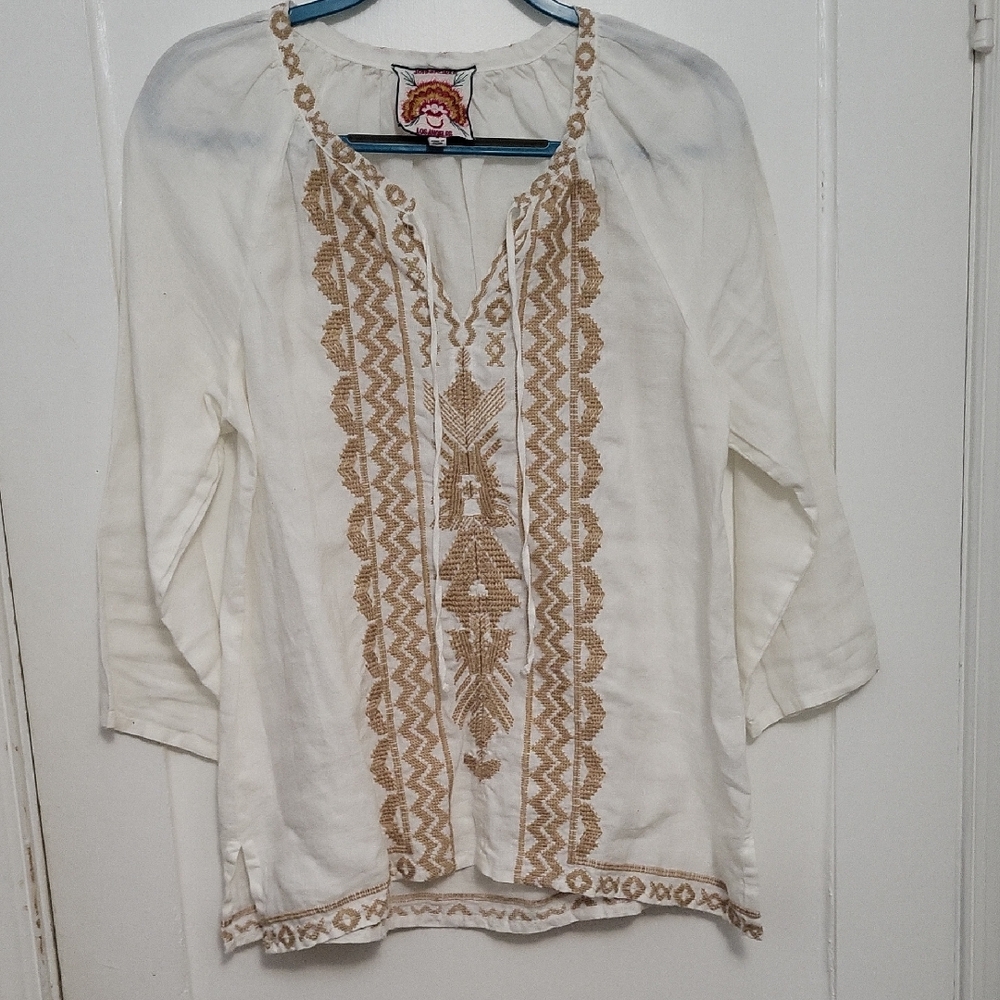 Johnny Was White Blouse with Tan Embroidery